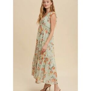 NWT In Loom Womens Mint Green Floral Tiered Maxi Dress Ruffle Sleeve Small FUN